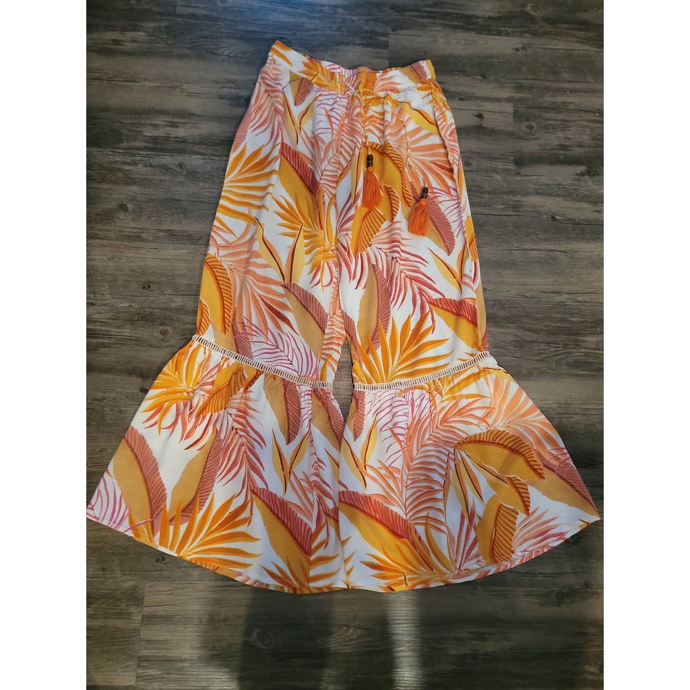 True Destinations Orange Tropical Palm Print Tiered Bell‎ Bottom Flare Pants M